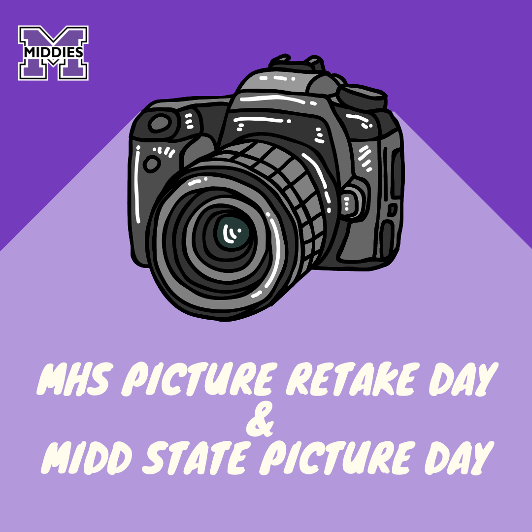 Graphic of a camera and text that reads "MHS picture retake day and Midd State picture day"